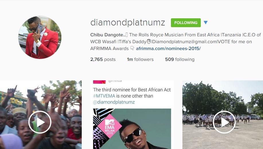  Kwa wasanii wa bongo Diamond afikisha followers milioni 1 kwenye Instagram
